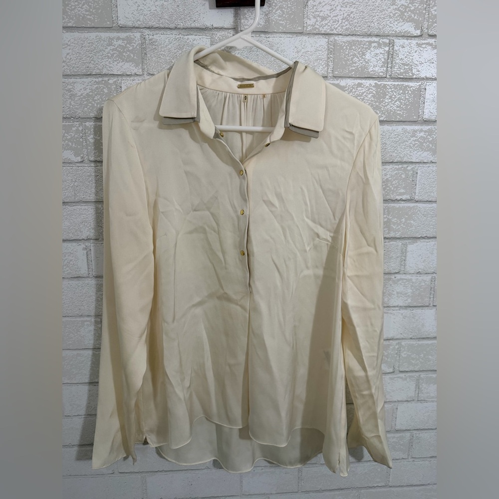 SILK Elie Tahari longsleeve blouse cream quarter button-down Blouse Size M #3028